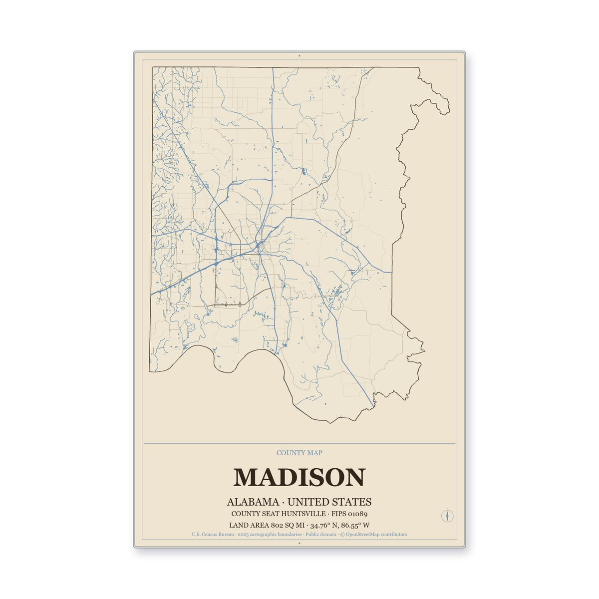 Madison County, Alabama Map Aluminum Sign in Heritage Nautical style