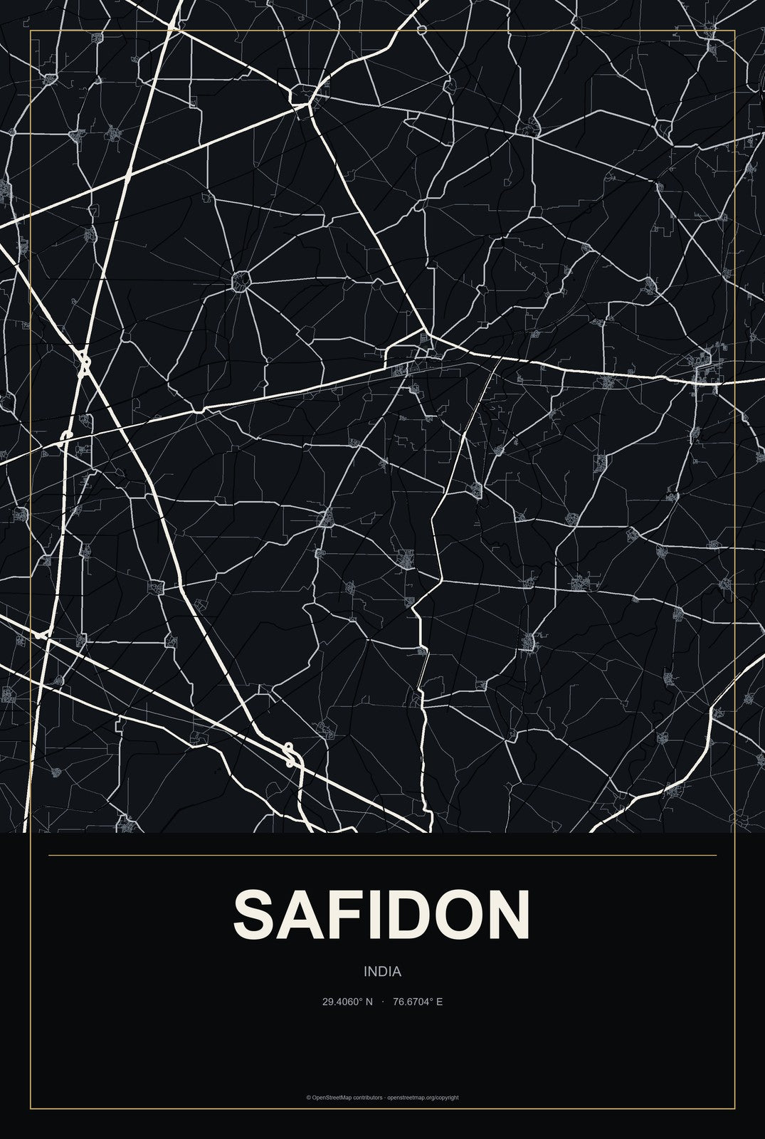Safidon, India City Map Aluminum Sign in Metropolitan Noir style