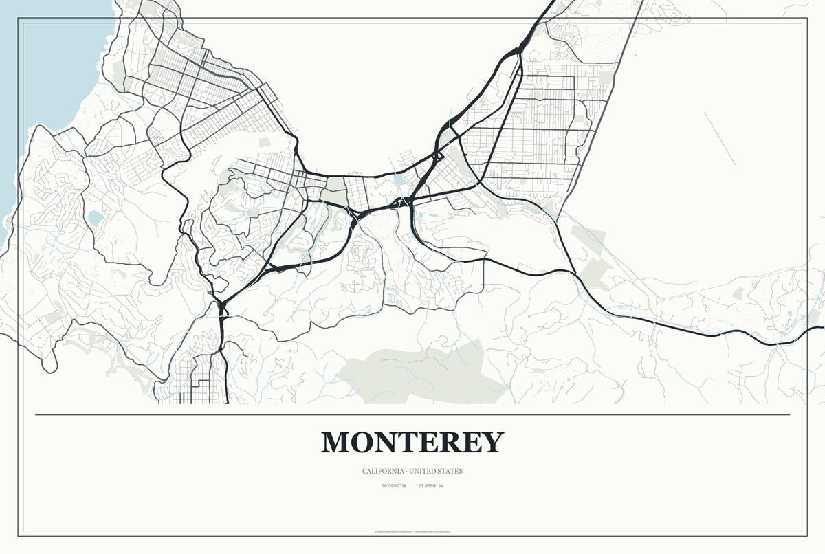 Monterey, California City Map Aluminum Sign in Gallery Air style