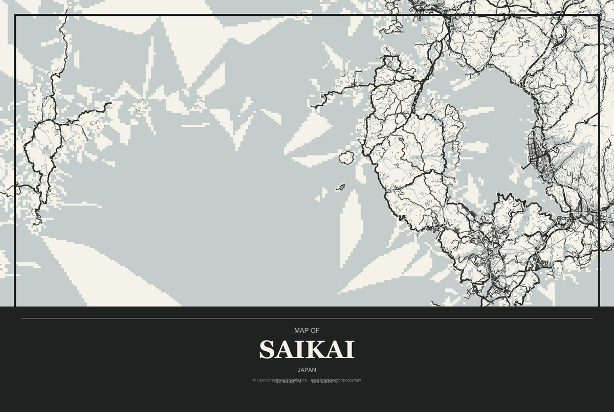 Saikai, Japan City Map Aluminum Sign in Museum Plaque style