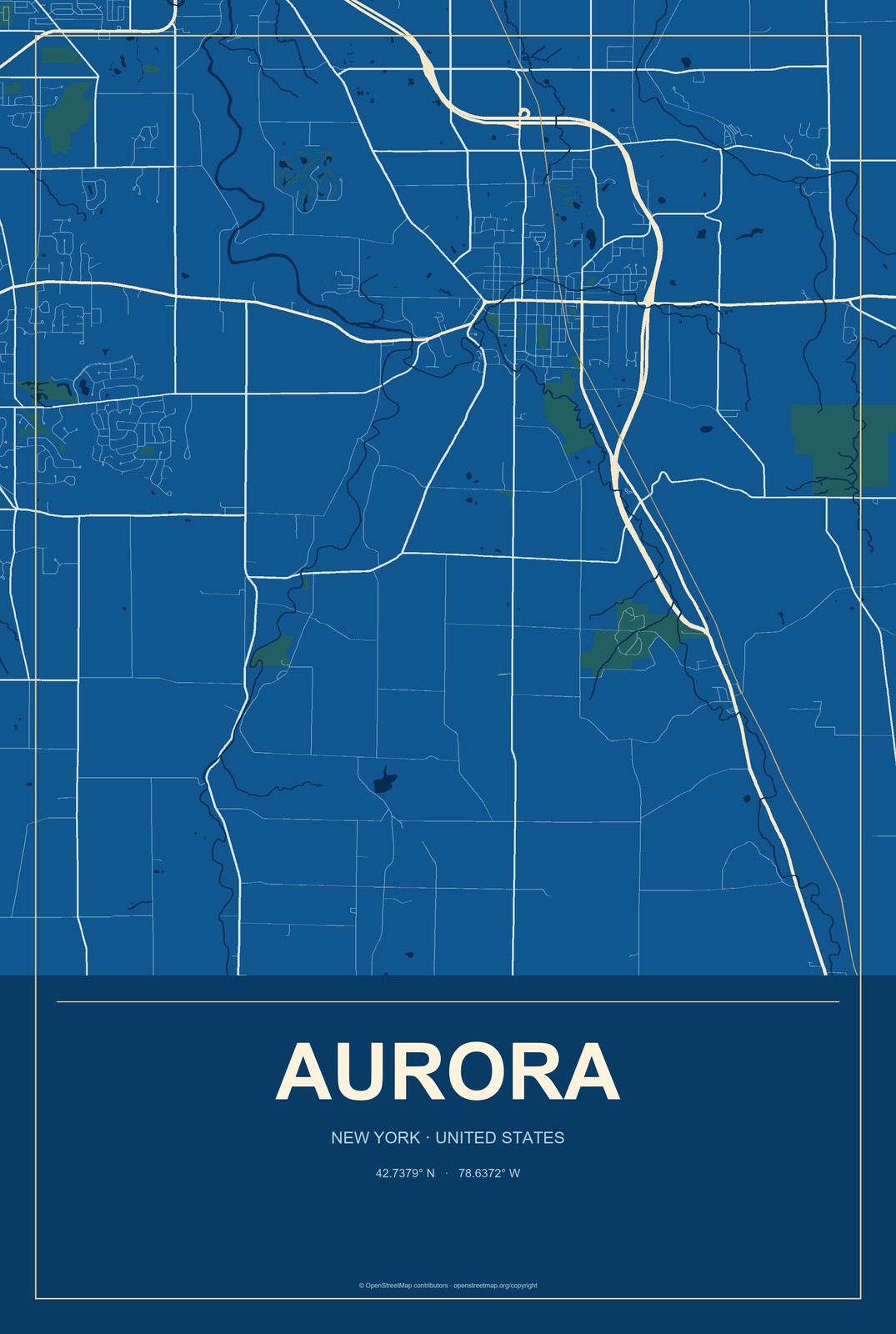 Aurora, New York City Map Aluminum Sign in Harbor Cobalt style