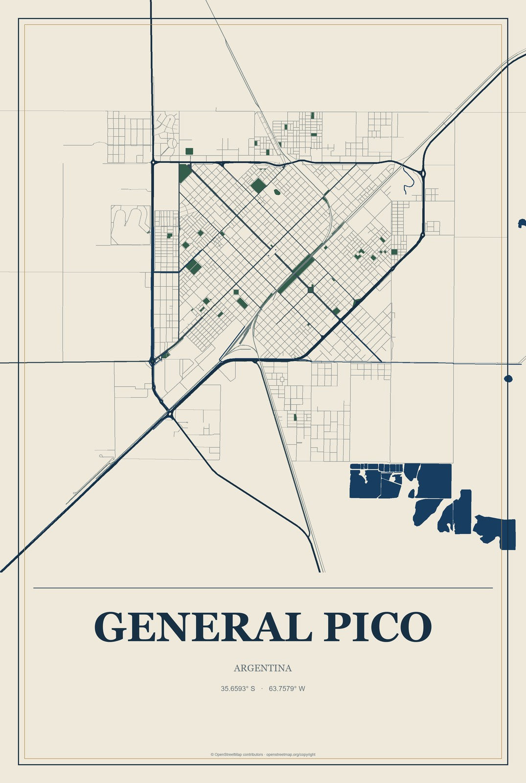 General Pico, Argentina City Map Aluminum Sign in Coastal Cutout style