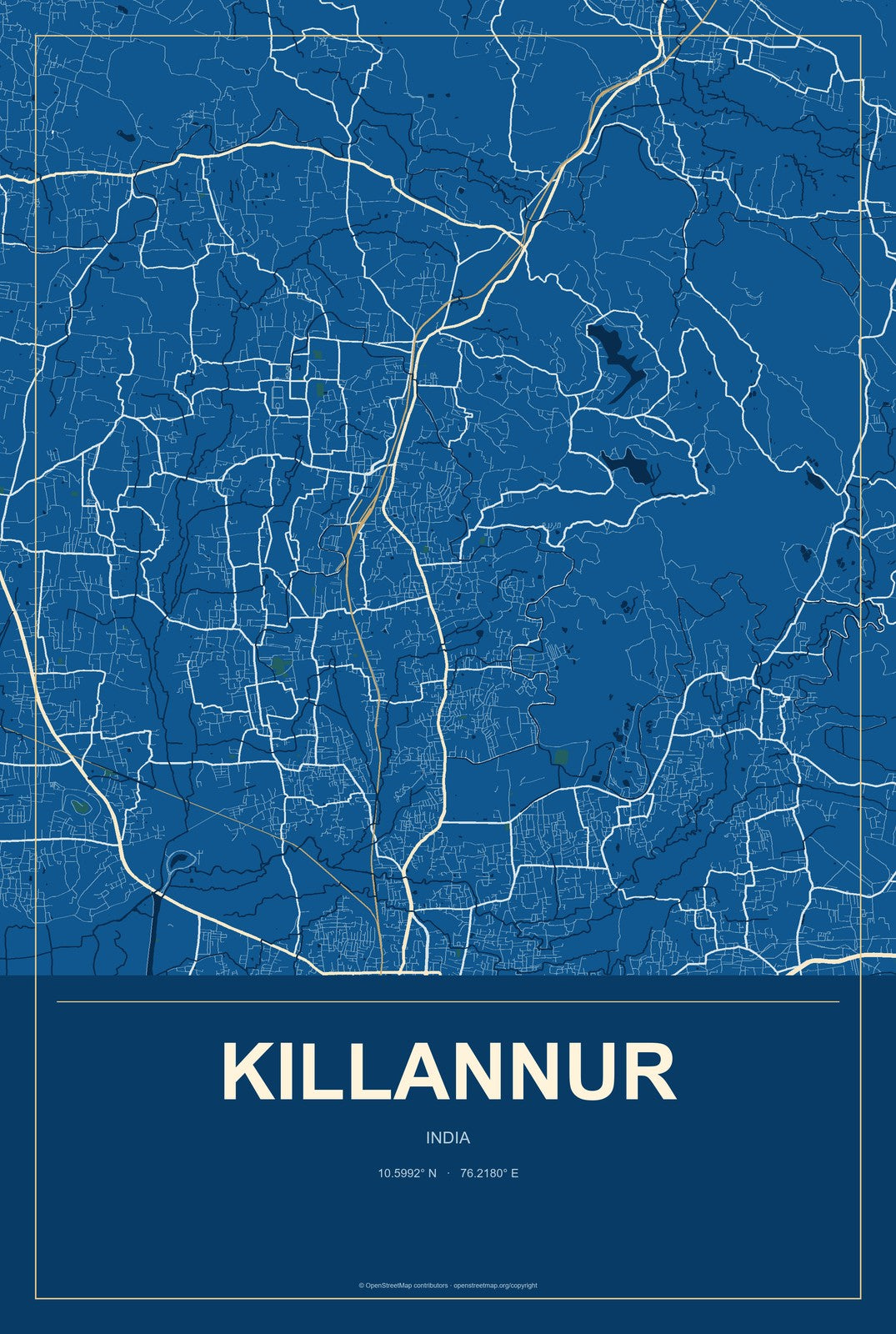 Killannur, India City Map Aluminum Sign in Harbor Cobalt style