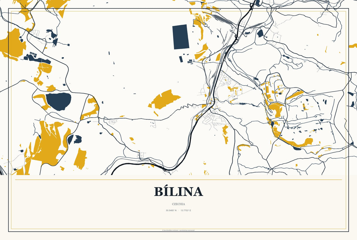 Bílina, Czechia City Map Aluminum Sign in Citrine Modern style