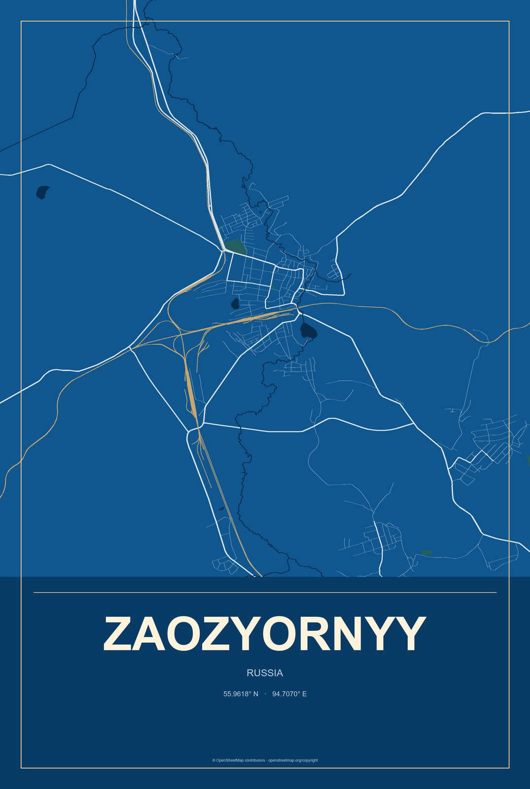 Zaozyornyy, Russia City Map Aluminum Sign in Harbor Cobalt style