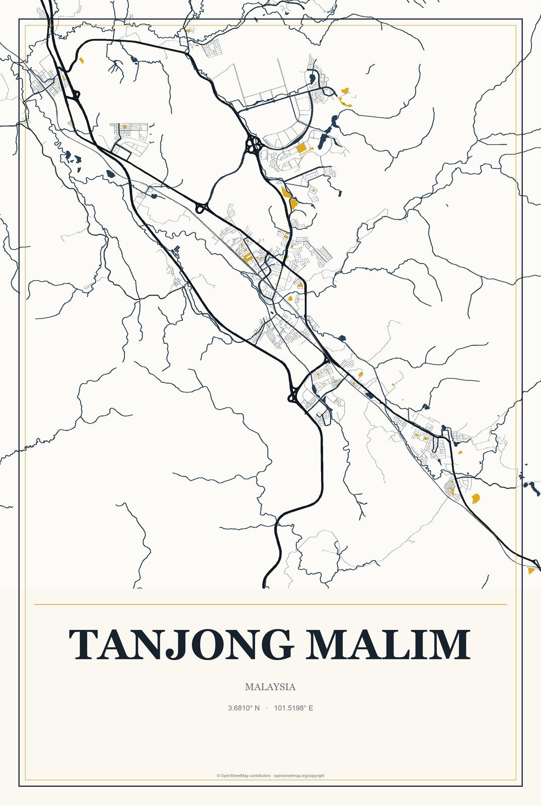 Tanjong Malim, Malaysia City Map Aluminum Sign in Citrine Modern style