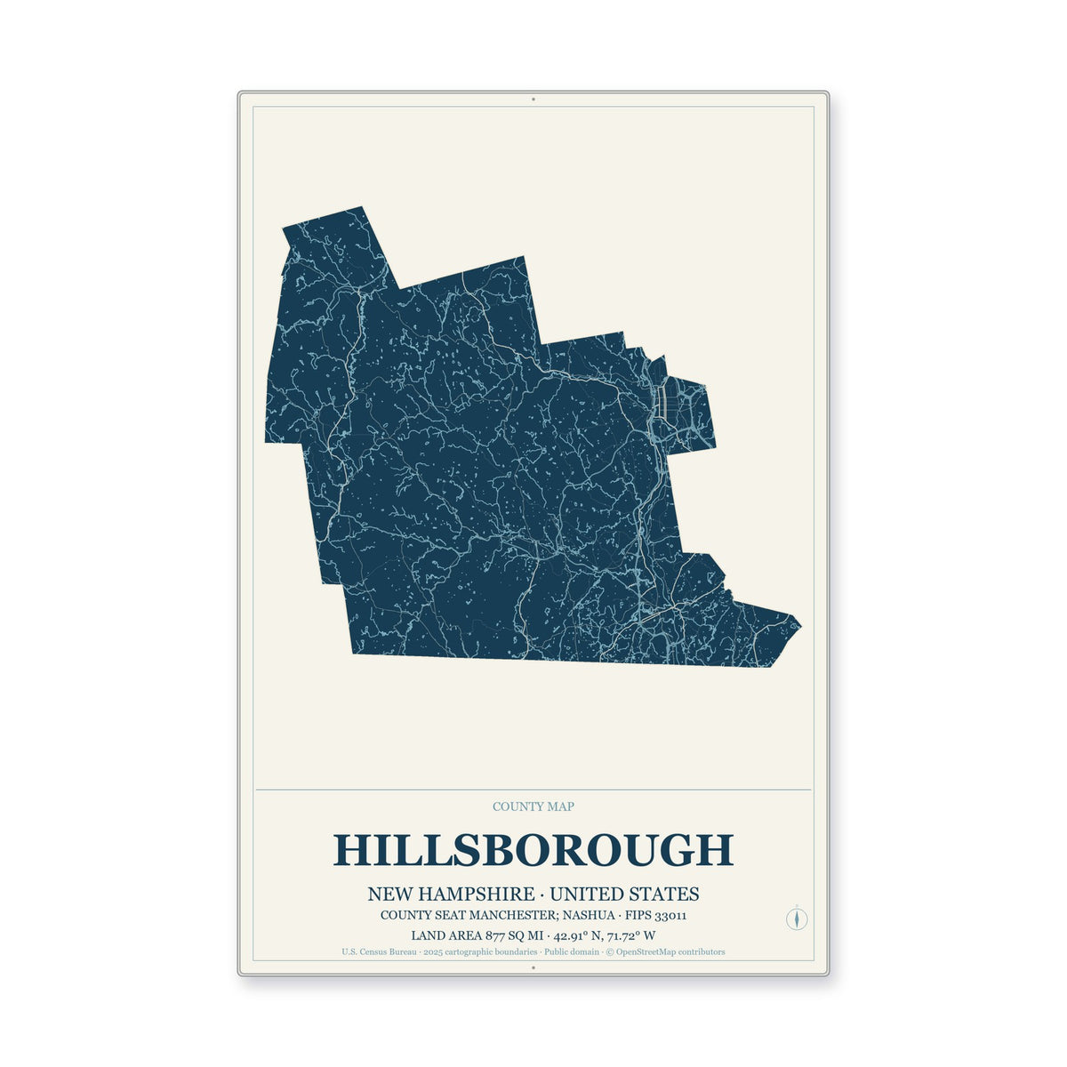 Hillsborough County, New Hampshire Map Aluminum Sign in Coastal Cutout style