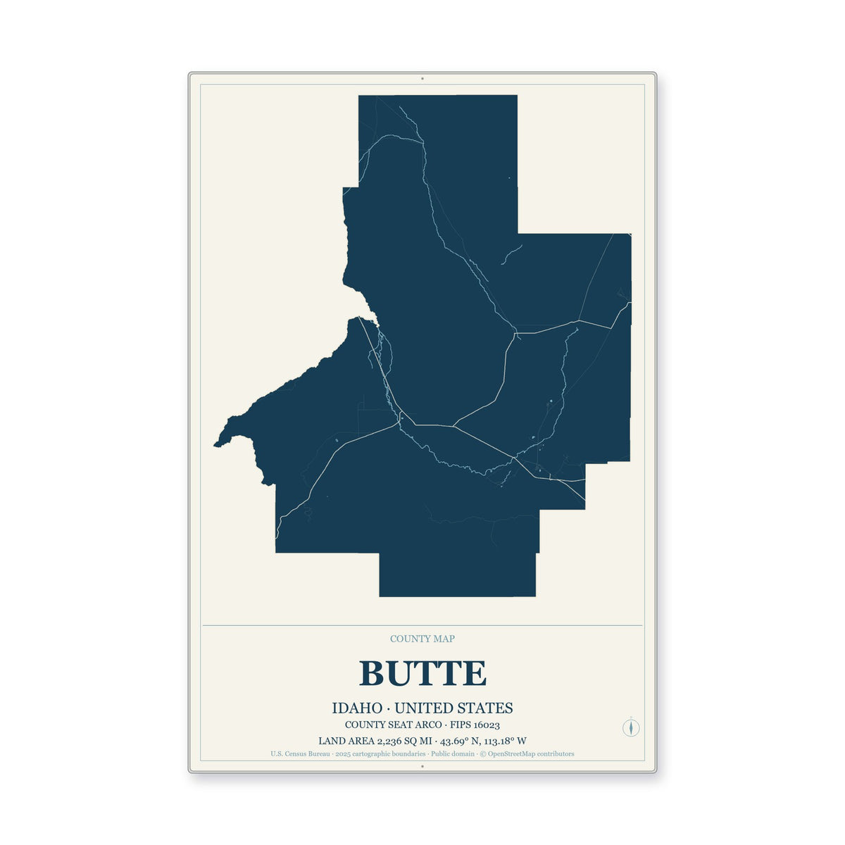 Butte County, Idaho Map Aluminum Sign in Coastal Cutout style