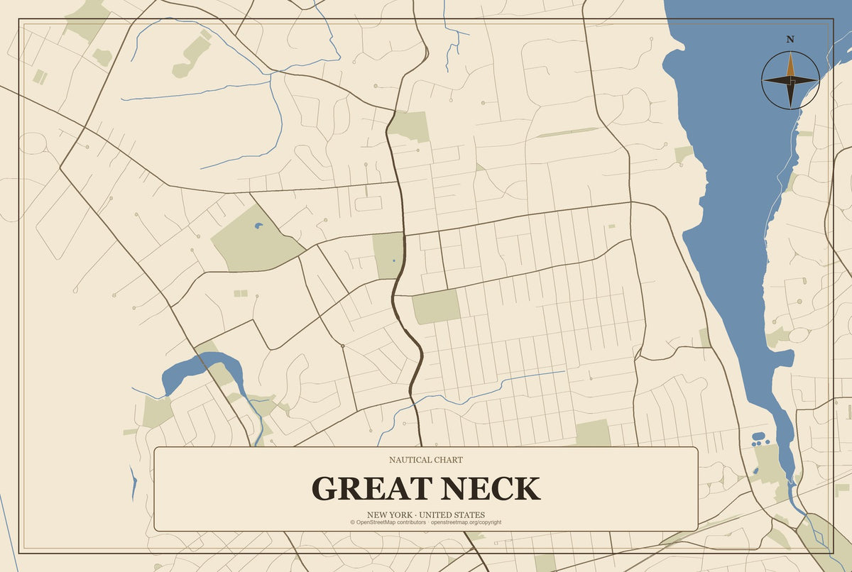 Great Neck, New York City Map Aluminum Sign in Heritage Nautical style