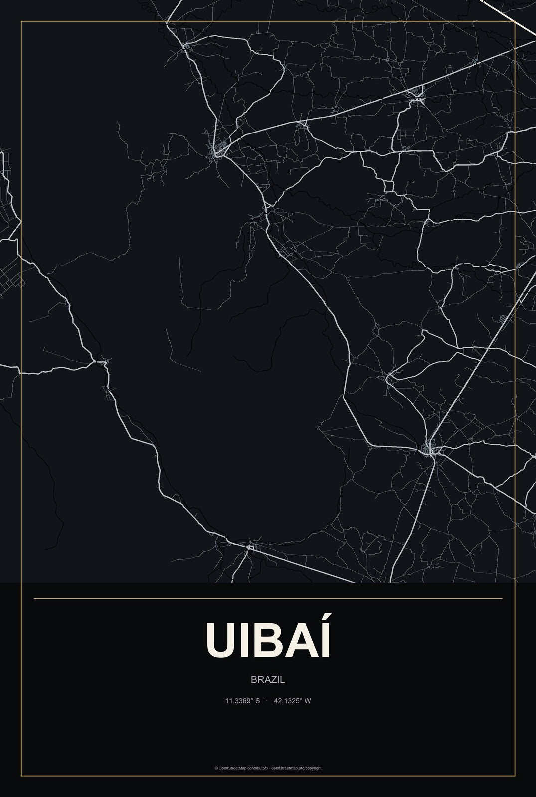 Uibaí, Brazil City Map Aluminum Sign in Metropolitan Noir style