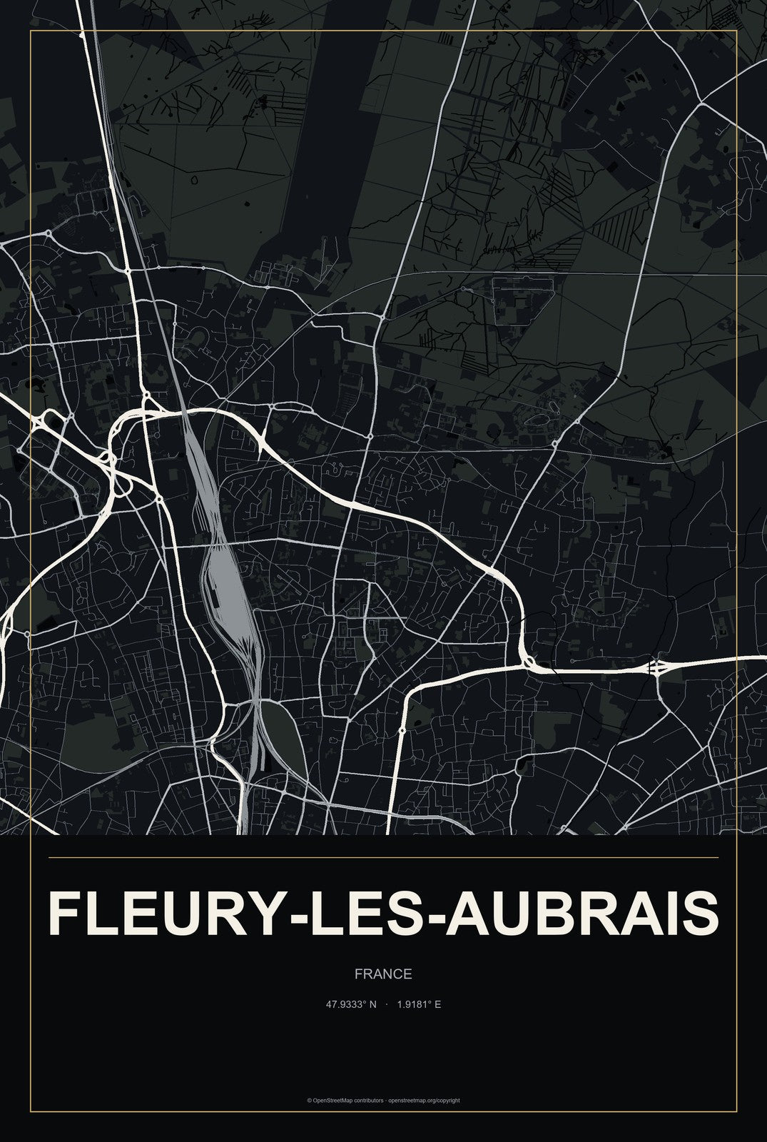 Fleury-les-Aubrais, France City Map Aluminum Sign in Metropolitan Noir style