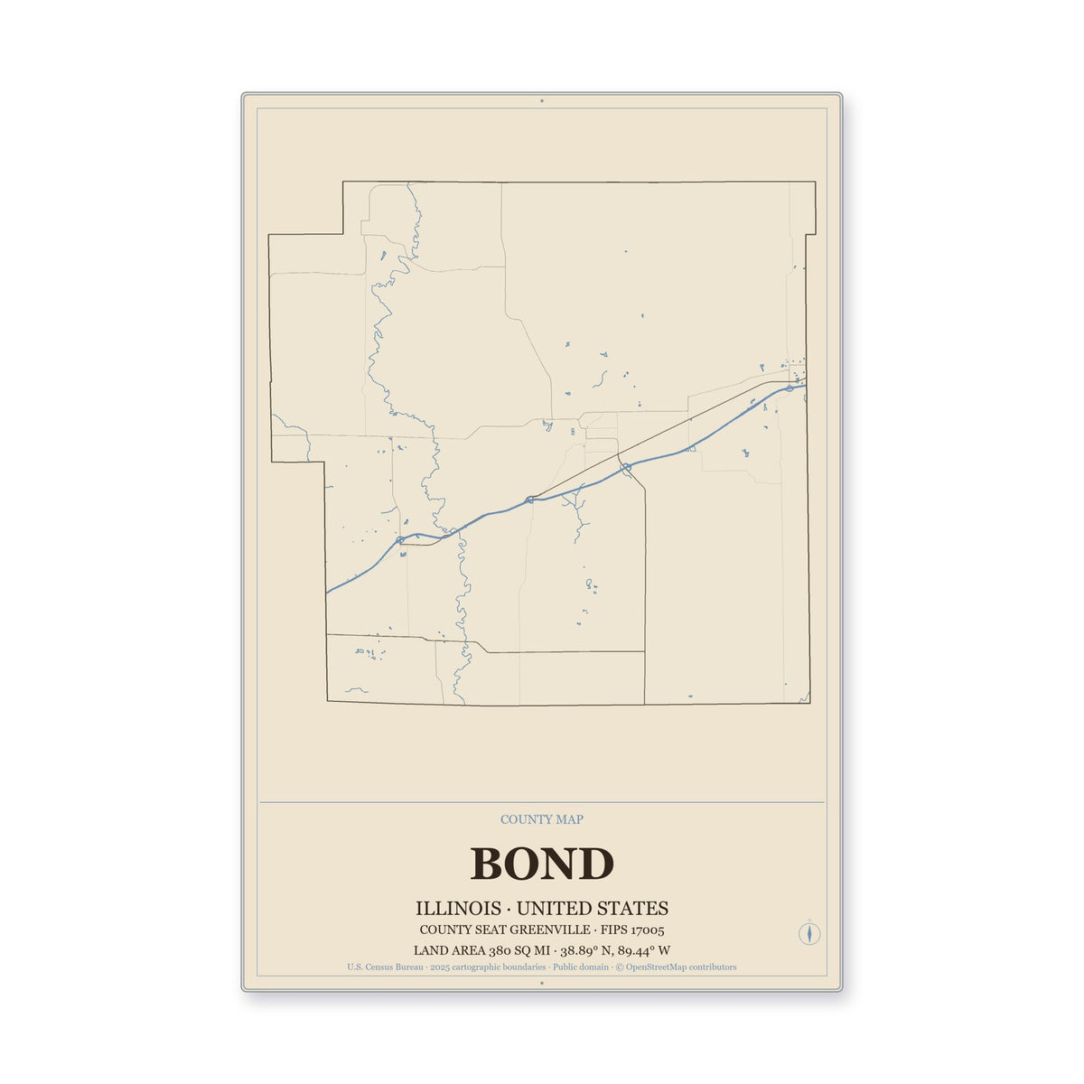 Bond County, Illinois Map Aluminum Sign in Heritage Nautical style