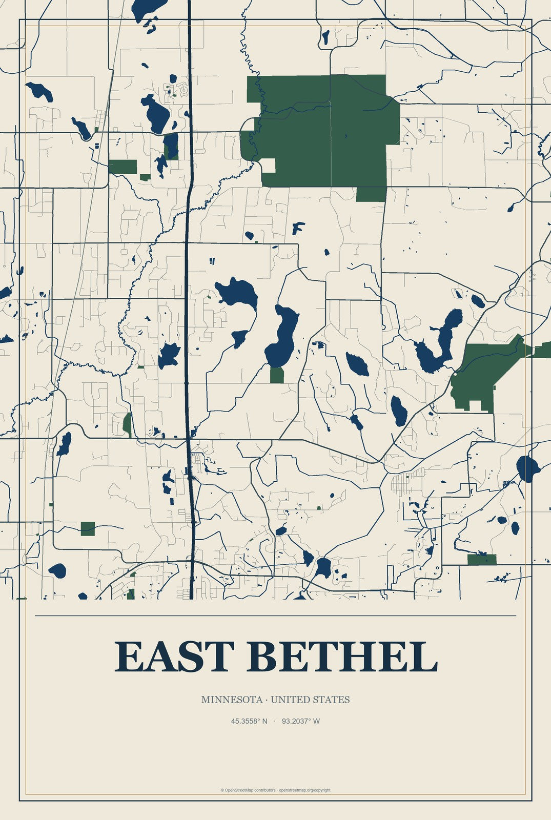 East Bethel, Minnesota City Map Aluminum Sign in Coastal Cutout style