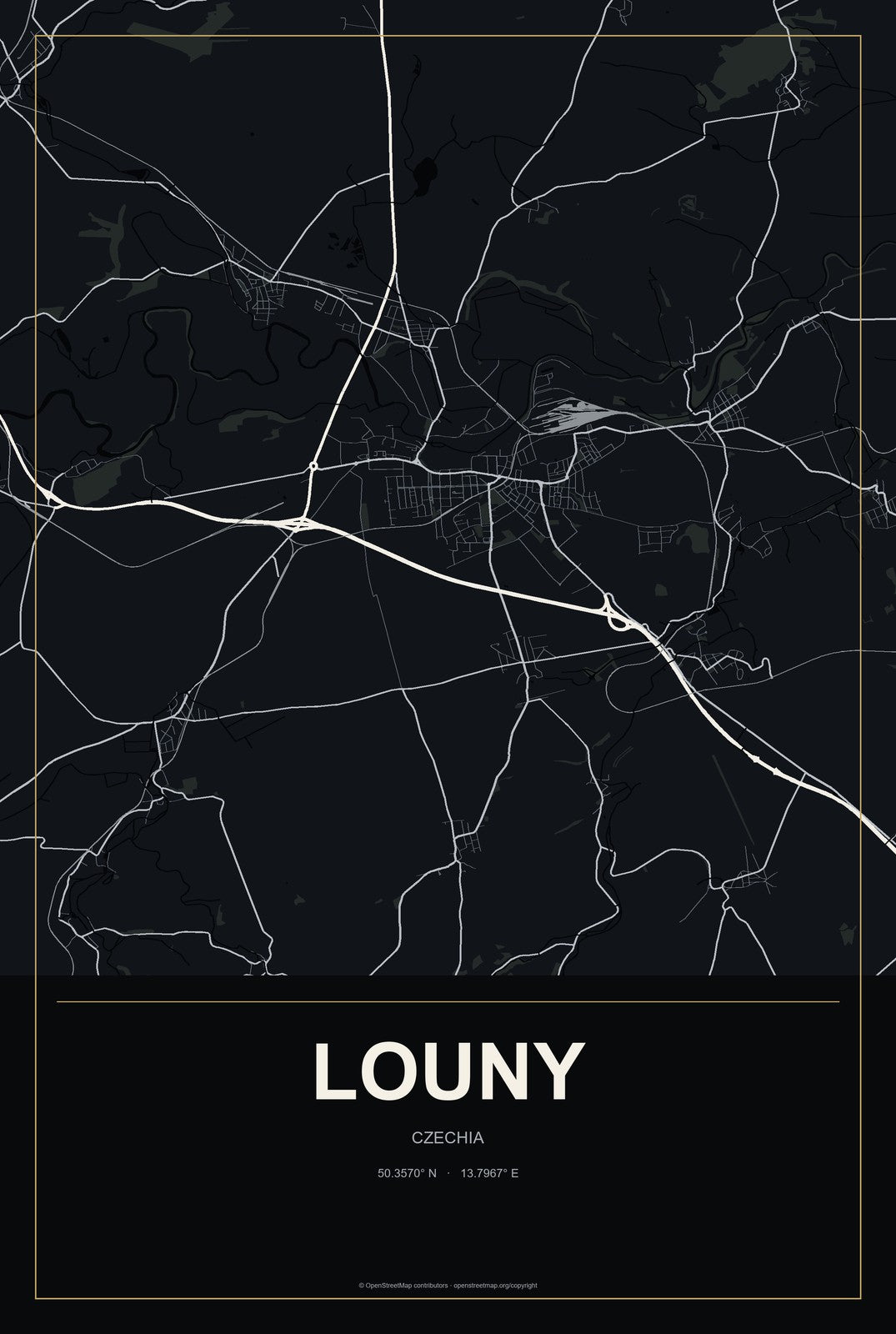 Louny, Czechia City Map Aluminum Sign in Metropolitan Noir style