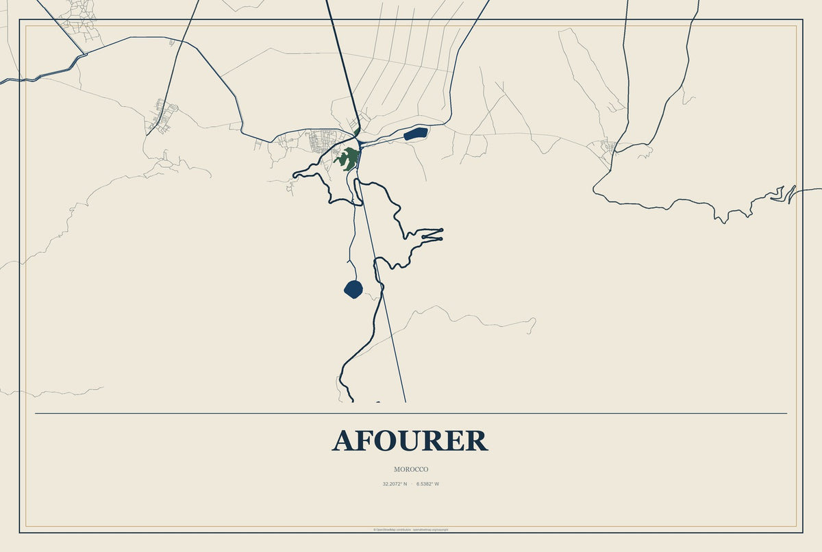 Afourer, Morocco City Map Aluminum Sign in Coastal Cutout style