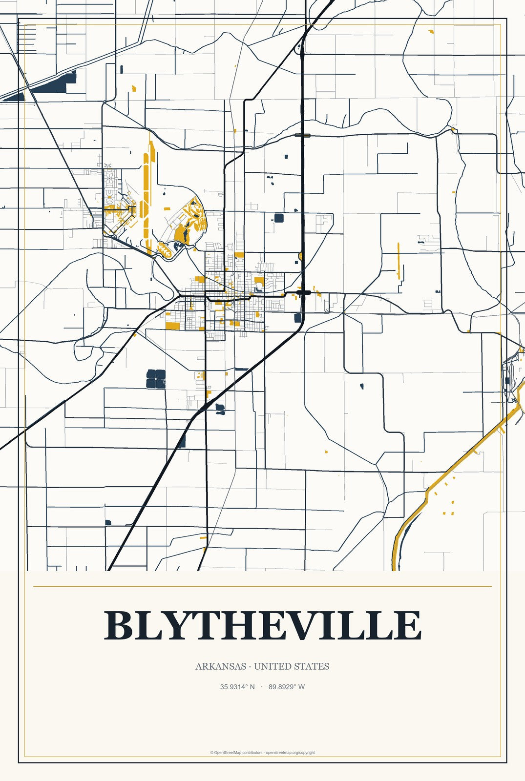 Blytheville, Arkansas City Map Aluminum Sign in Citrine Modern style