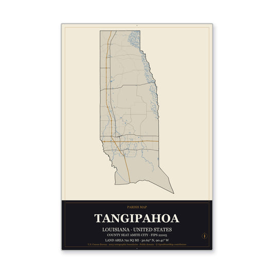 Tangipahoa Parish, Louisiana Map Aluminum Sign in Museum Plaque style