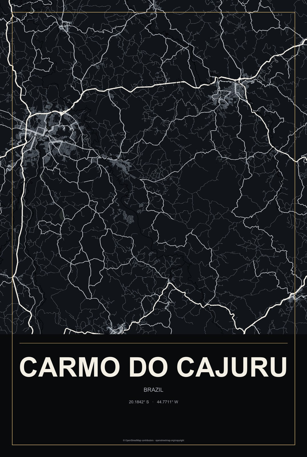 Carmo do Cajuru, Brazil City Map Aluminum Sign in Metropolitan Noir style
