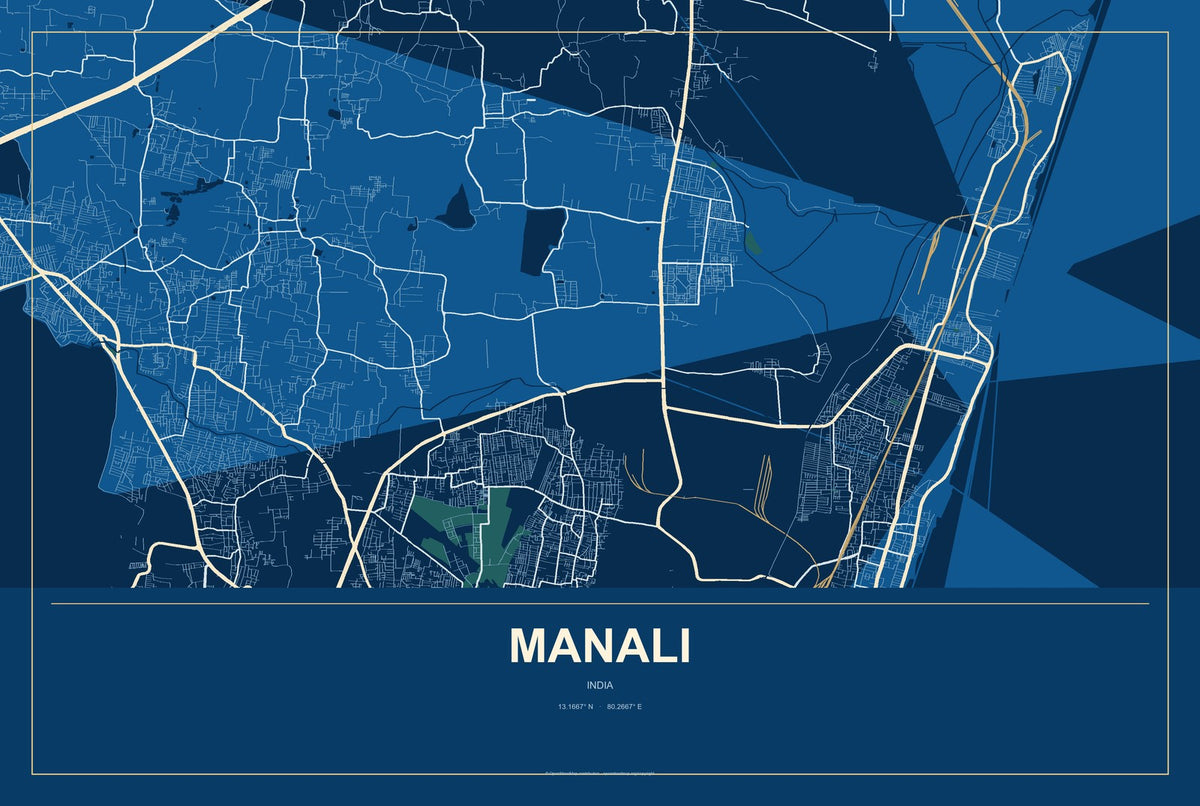 Manali, India City Map Aluminum Sign in Harbor Cobalt style