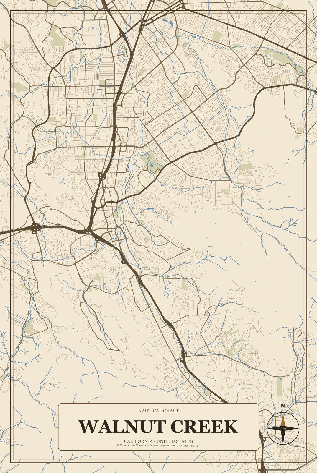 Walnut Creek, California City Map Aluminum Sign in Heritage Nautical style