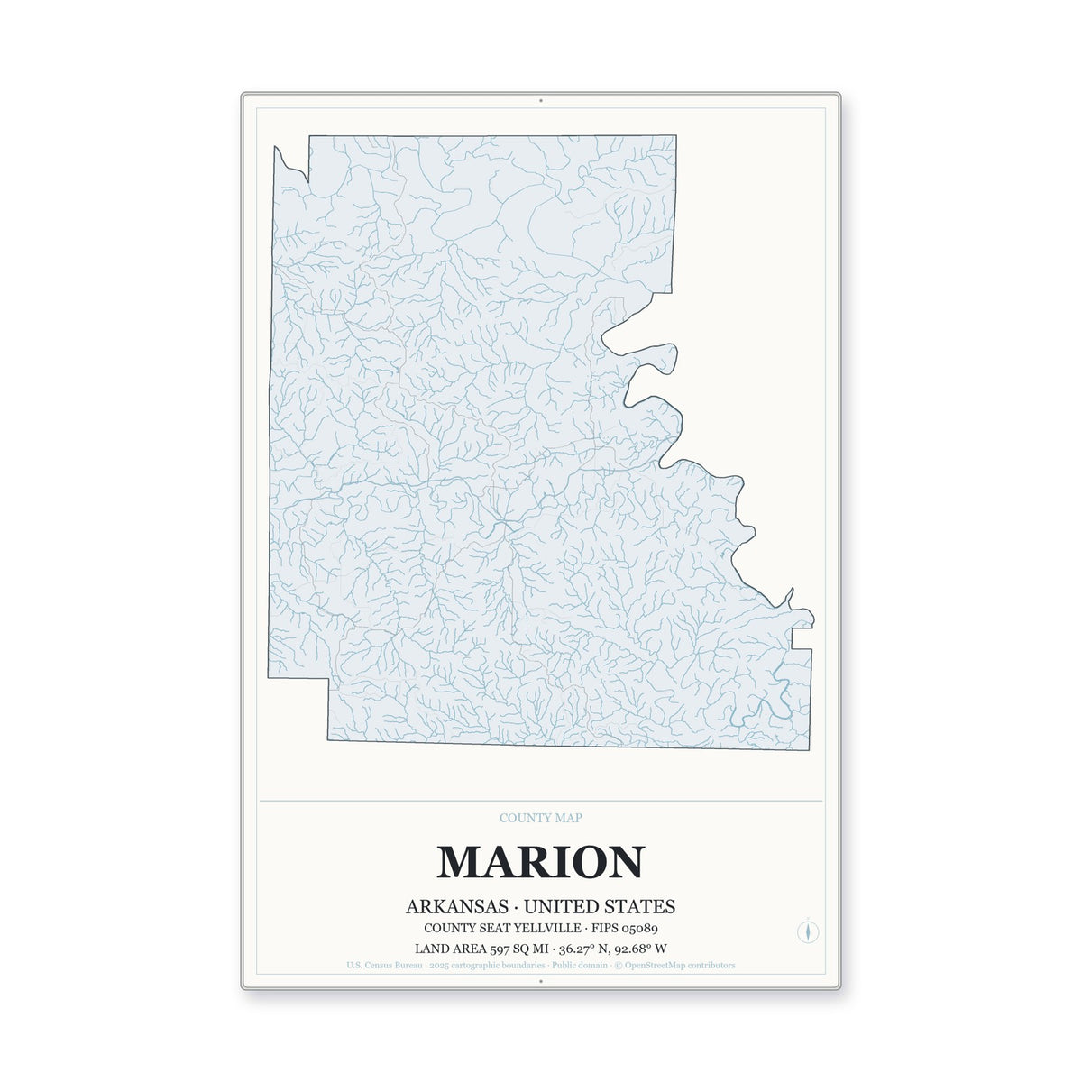 Marion County, Arkansas Map Aluminum Sign in Gallery Air style