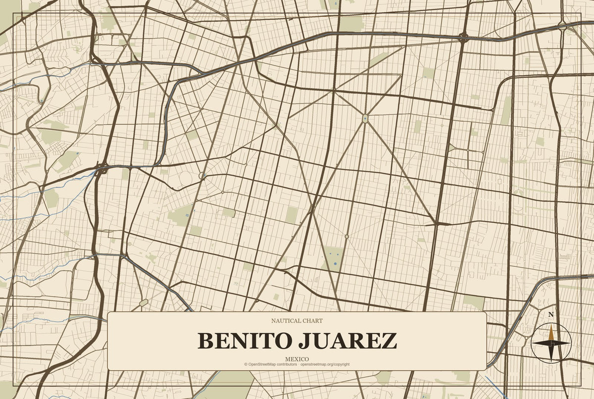 Benito Juarez, Mexico City Map Aluminum Sign in Heritage Nautical style