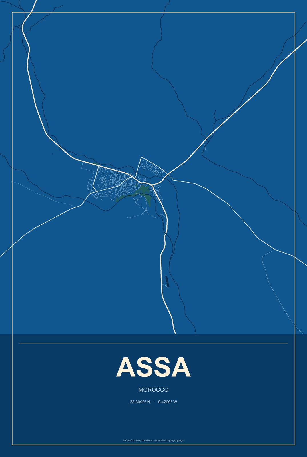 Assa, Morocco City Map Aluminum Sign in Harbor Cobalt style