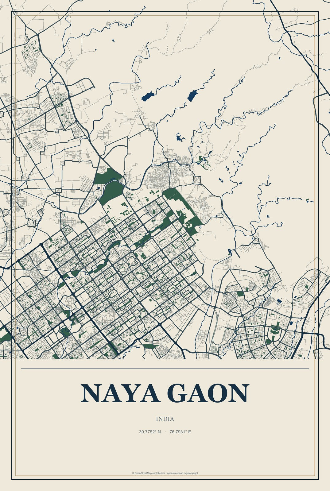 Naya Gaon, India City Map Aluminum Sign in Coastal Cutout style