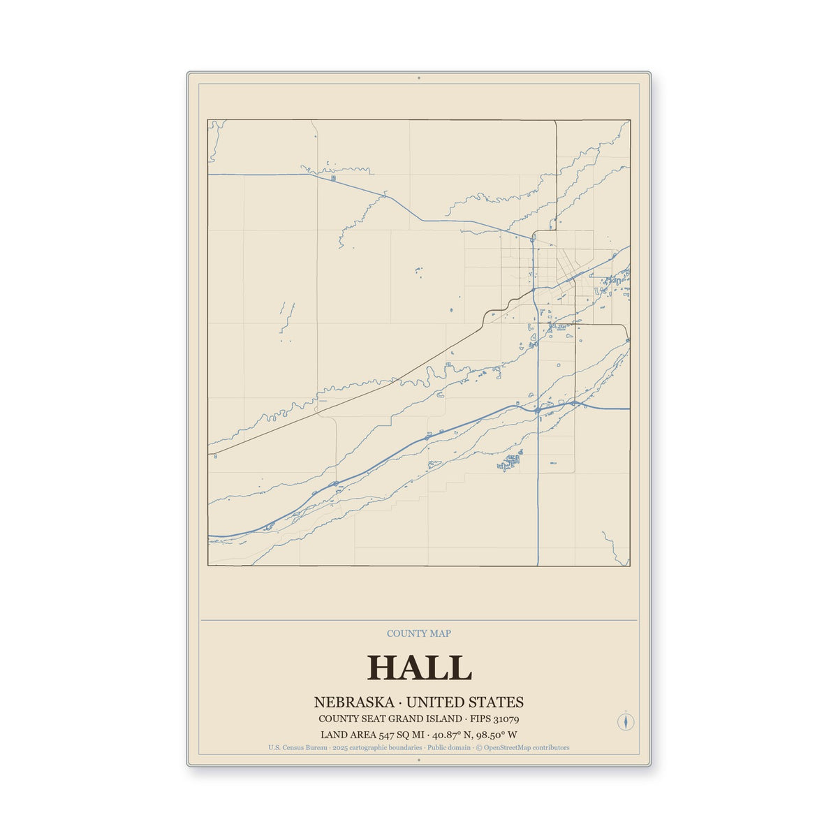 Hall County, Nebraska Map Aluminum Sign in Heritage Nautical style