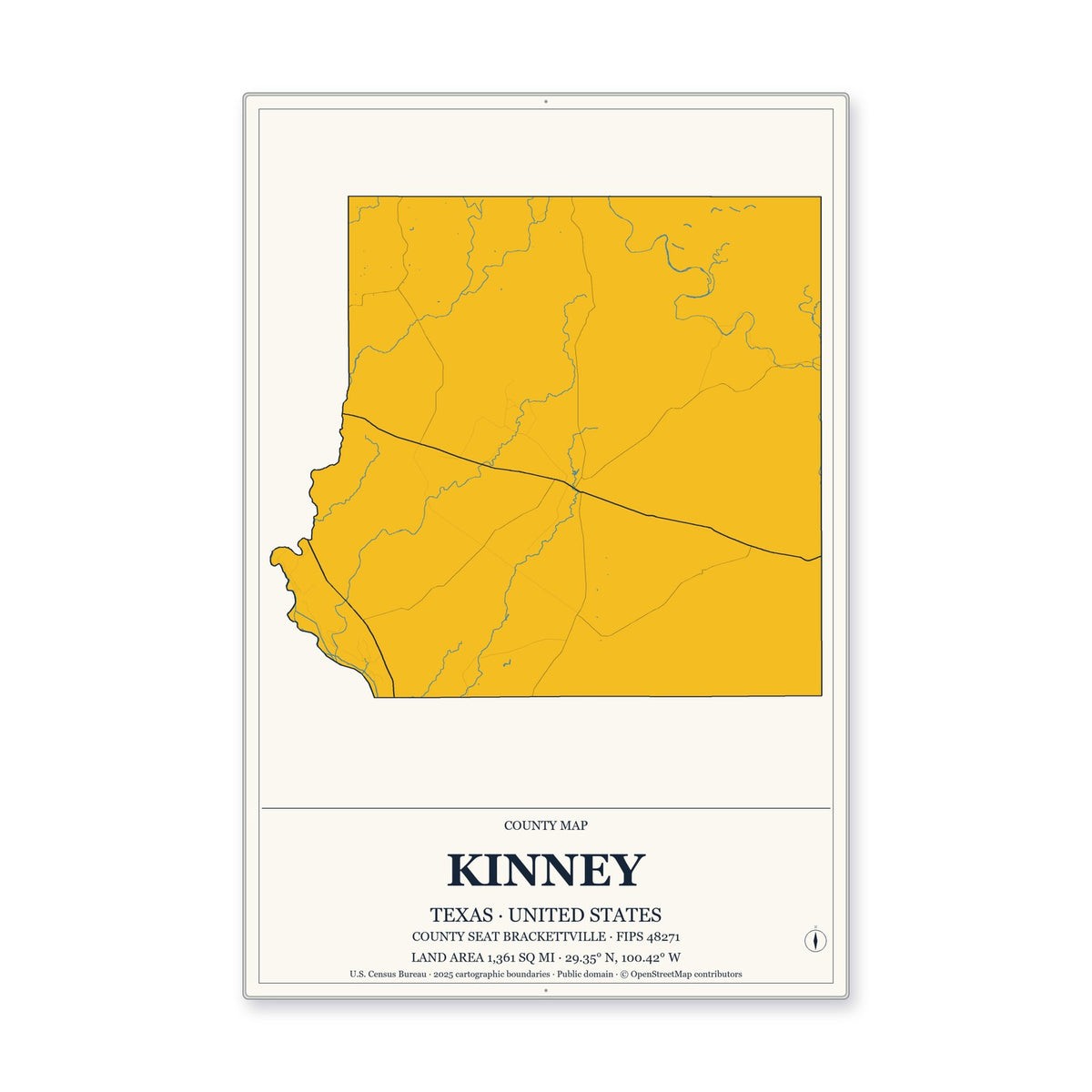 Kinney County, Texas Map Aluminum Sign in Citrine Modern style