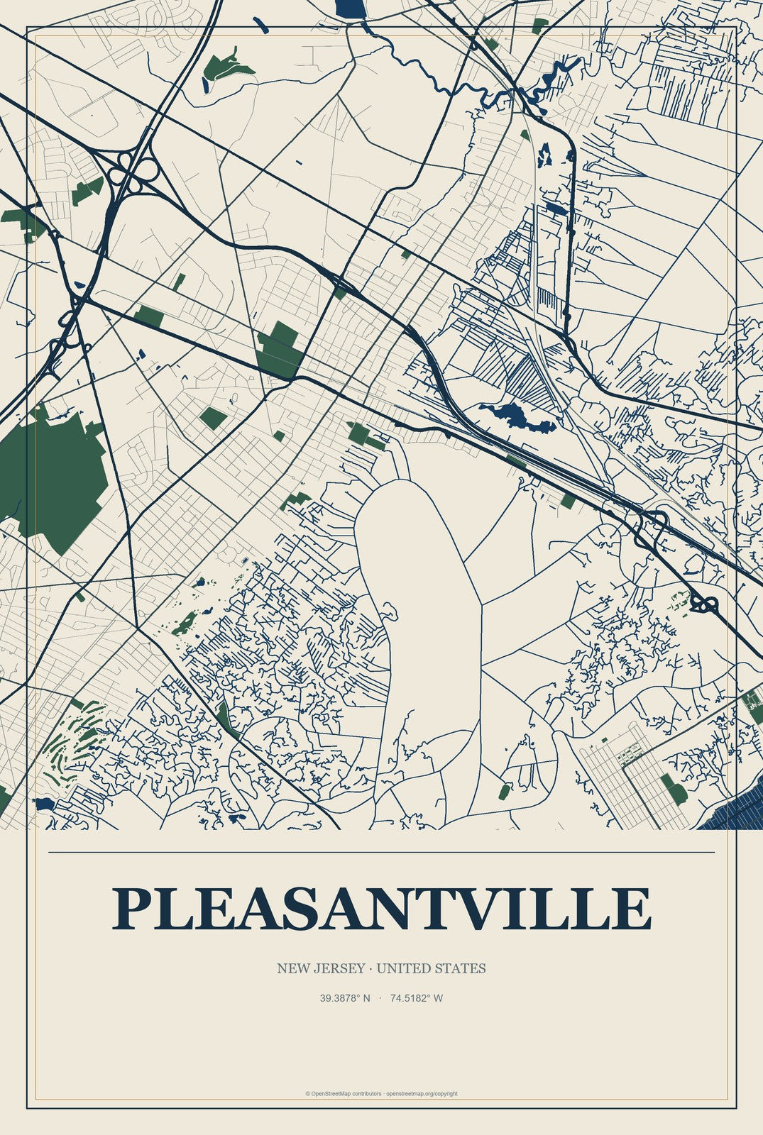 Pleasantville, New Jersey City Map Aluminum Sign in Coastal Cutout style
