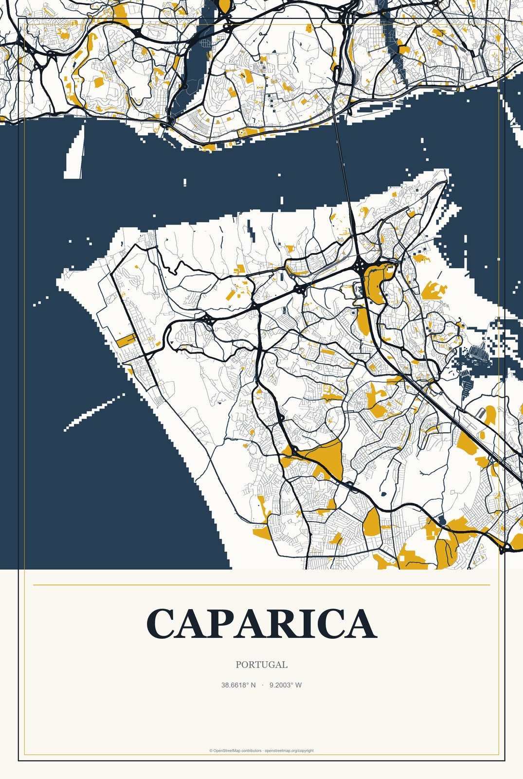 Caparica, Portugal City Map Aluminum Sign in Citrine Modern style