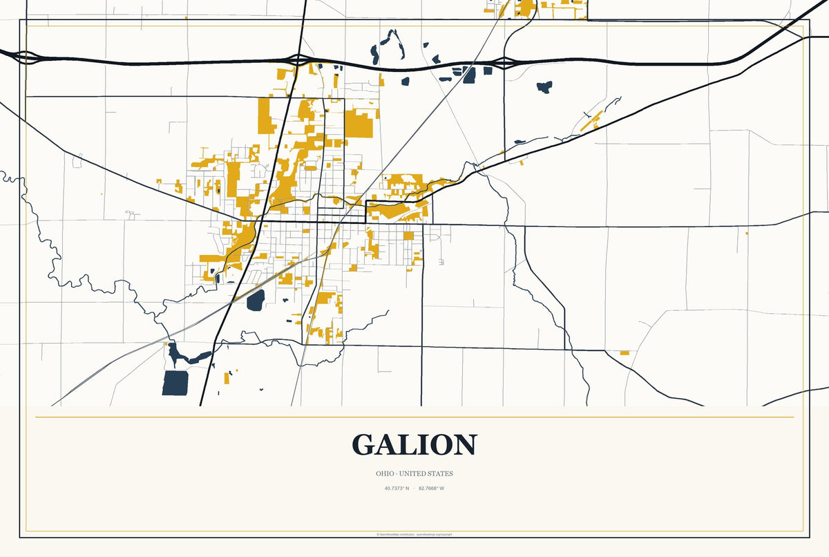 Galion, Ohio City Map Aluminum Sign in Citrine Modern style