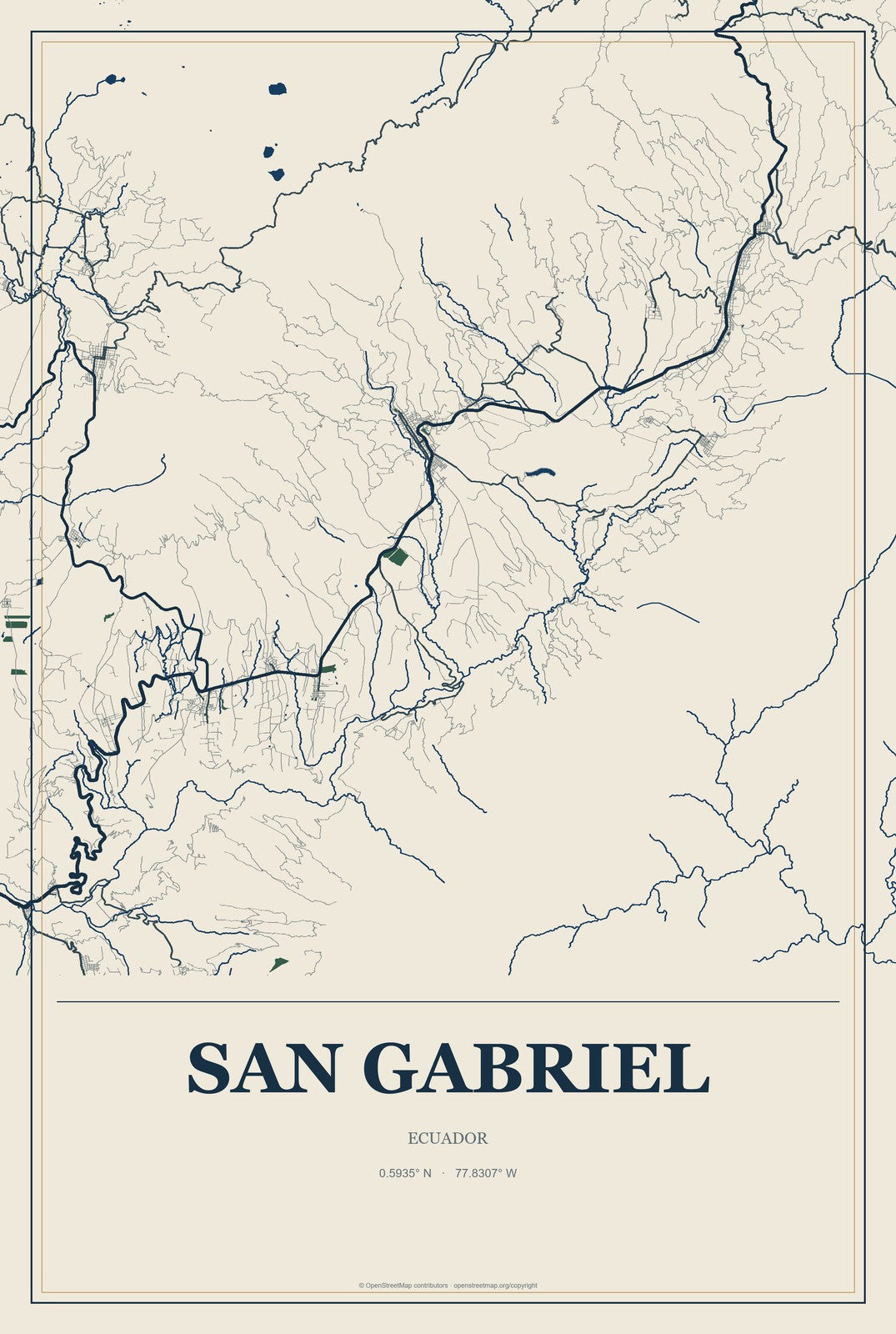 San Gabriel, Ecuador City Map Aluminum Sign in Coastal Cutout style