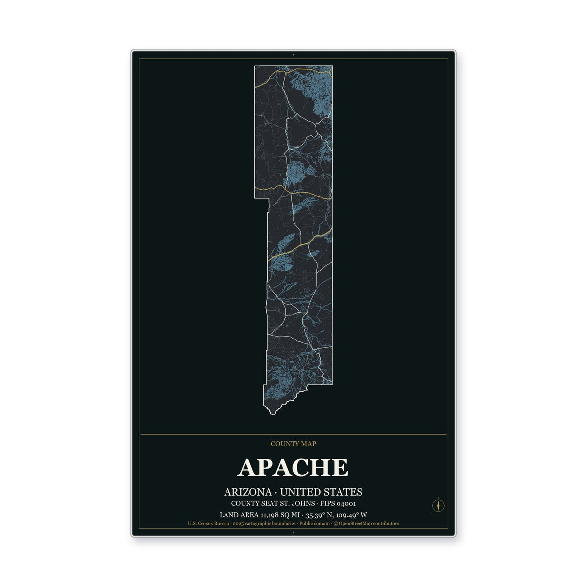 Apache County, Arizona Map Aluminum Sign in Metropolitan Noir style