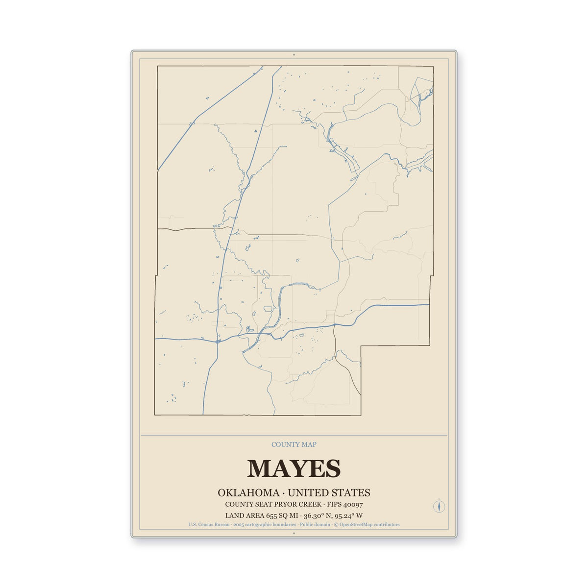 Mayes County, Oklahoma Map Aluminum Sign in Heritage Nautical style