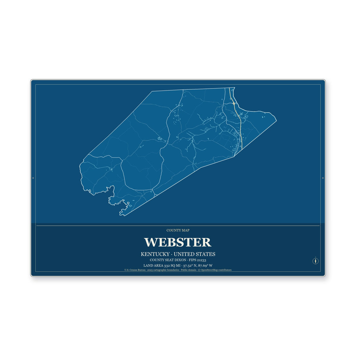 Webster County, Kentucky Map Aluminum Sign in Harbor Cobalt style