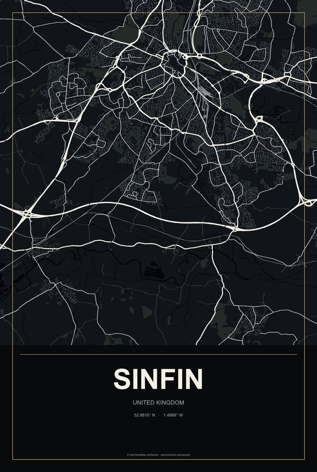 Sinfin, United Kingdom City Map Aluminum Sign in Metropolitan Noir style