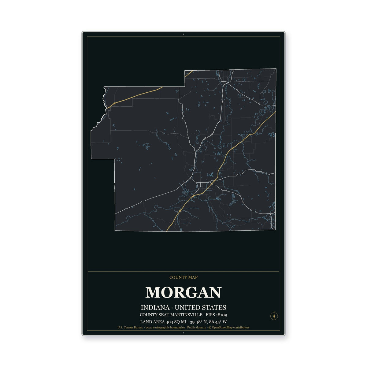 Morgan County, Indiana Map Aluminum Sign in Metropolitan Noir style