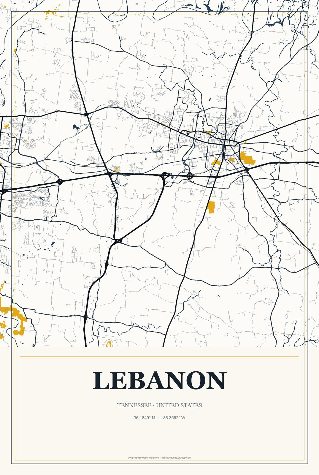 Lebanon, Tennessee City Map Aluminum Sign in Citrine Modern style