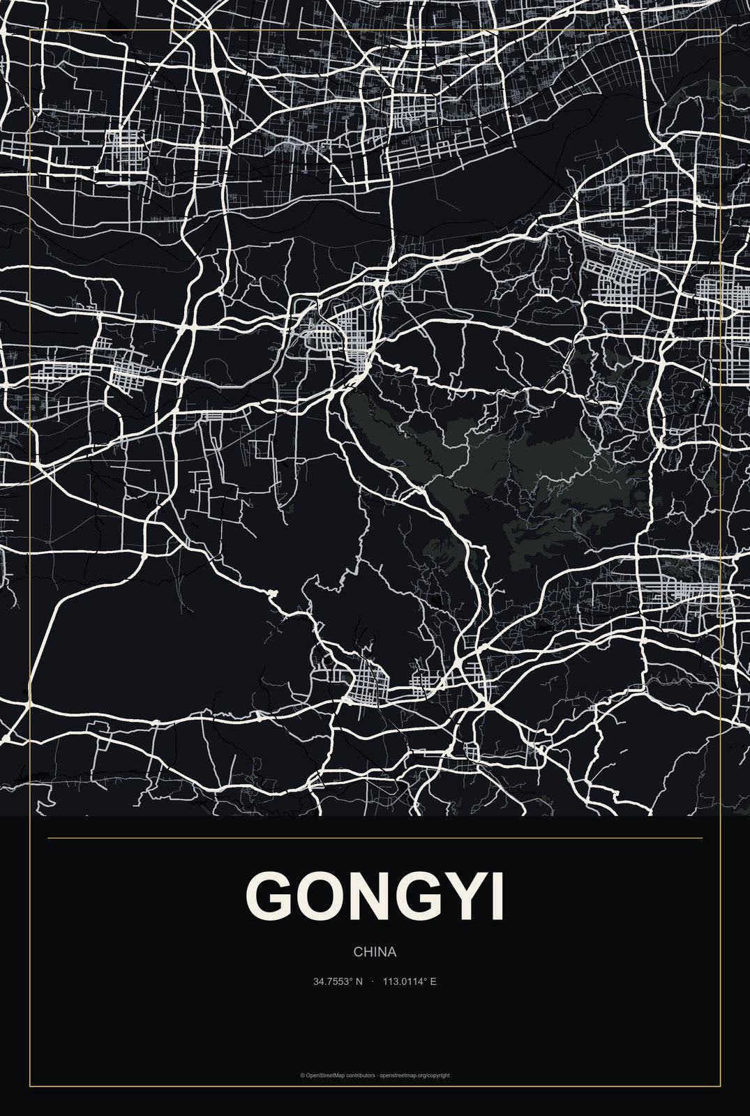 Gongyi, China City Map Aluminum Sign in Metropolitan Noir style