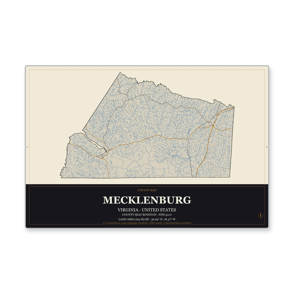 Mecklenburg County, Virginia Map Aluminum Sign in Museum Plaque style