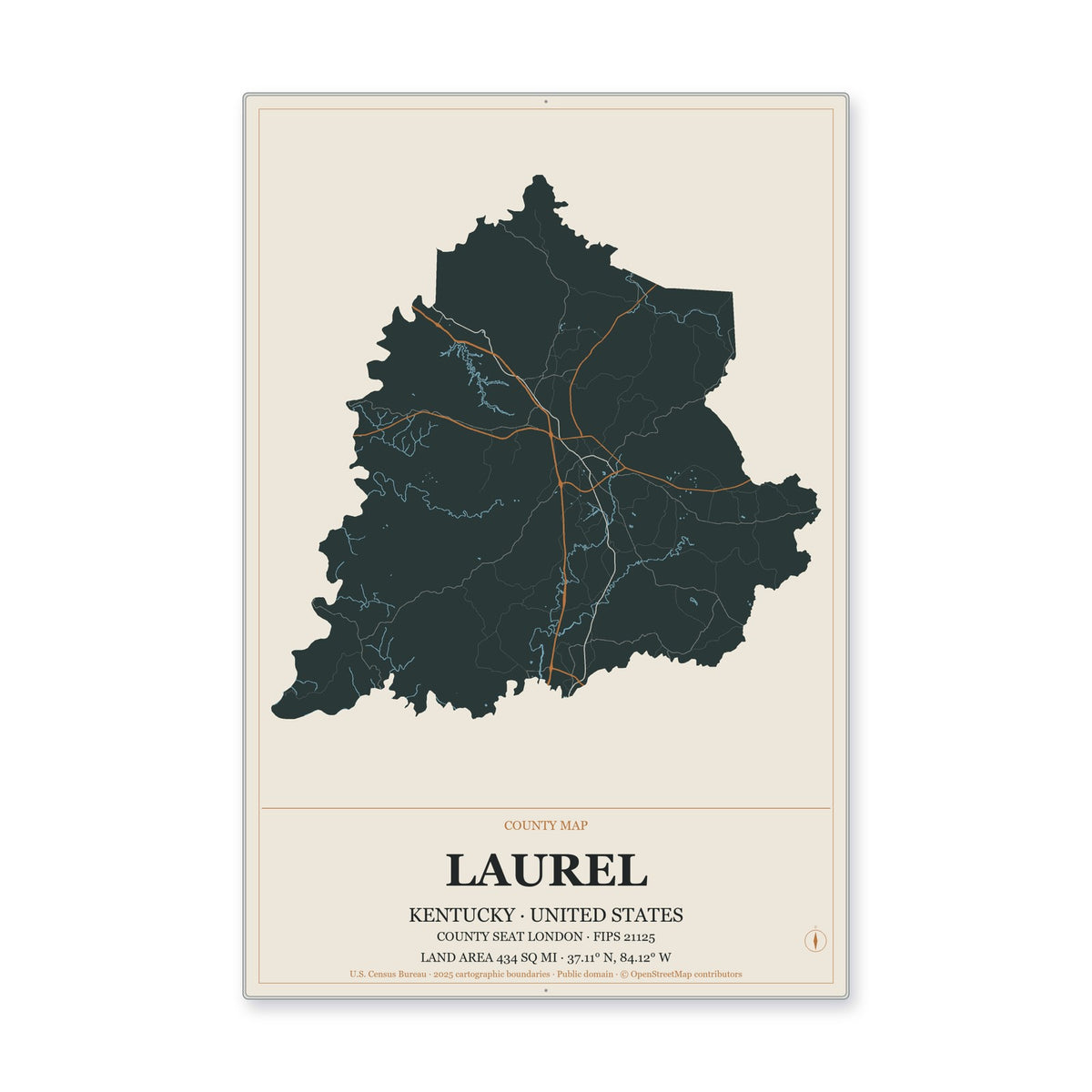Laurel County, Kentucky Map Aluminum Sign in Headline Atlas style