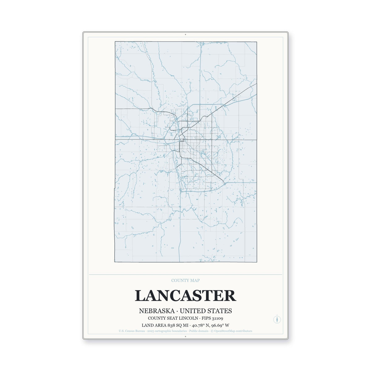 Lancaster County, Nebraska Map Aluminum Sign in Gallery Air style