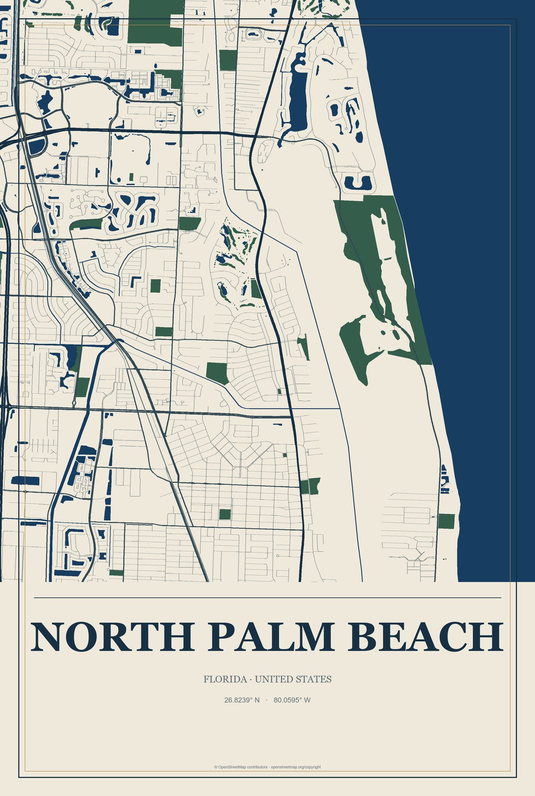 North Palm Beach, Florida City Map Aluminum Sign in Coastal Cutout style