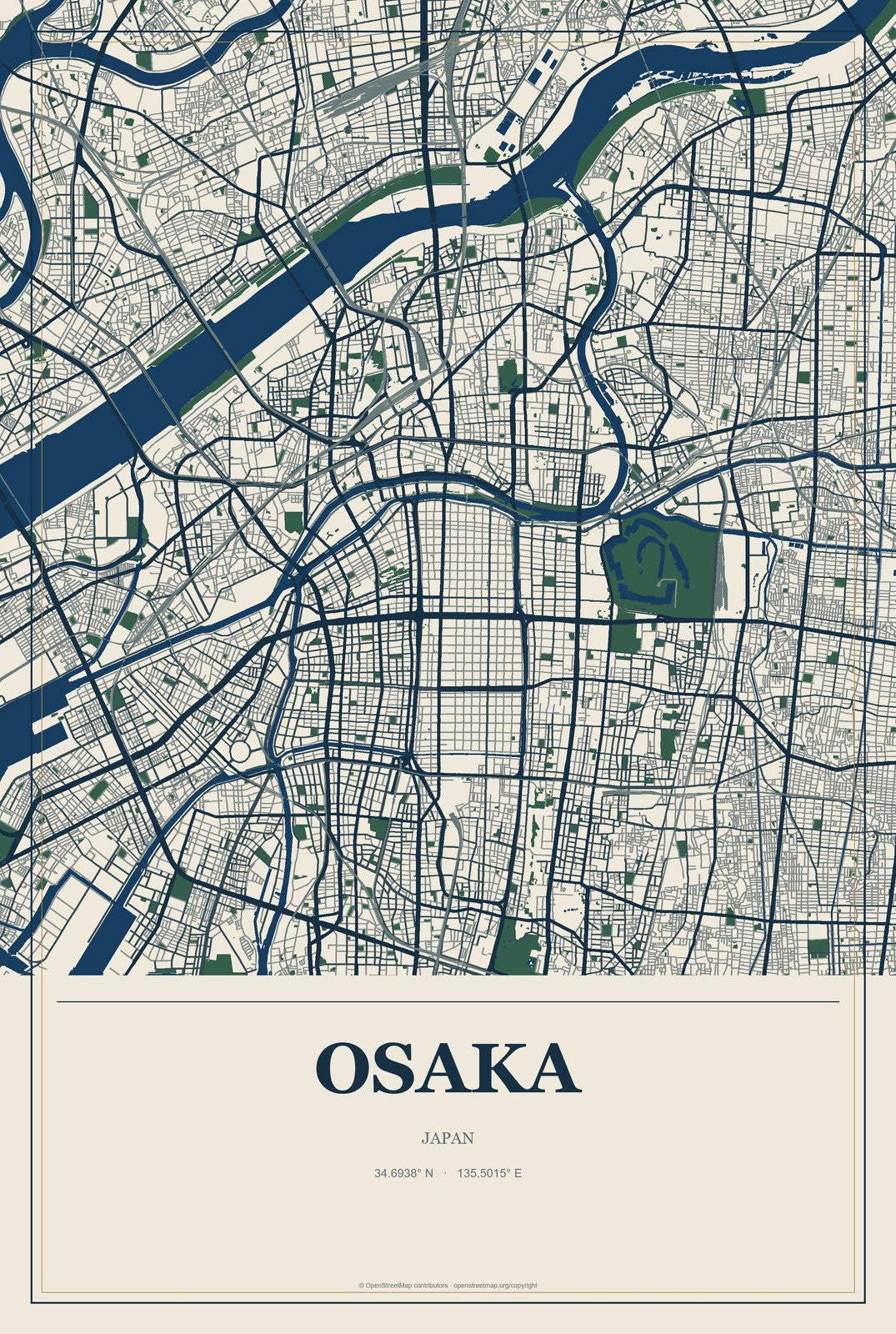 Osaka, Japan City Map Aluminum Sign in Coastal Cutout style