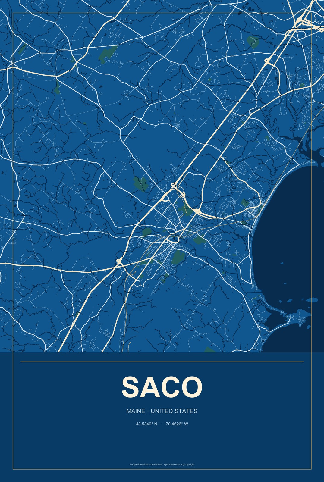 Saco, Maine City Map Aluminum Sign in Harbor Cobalt style