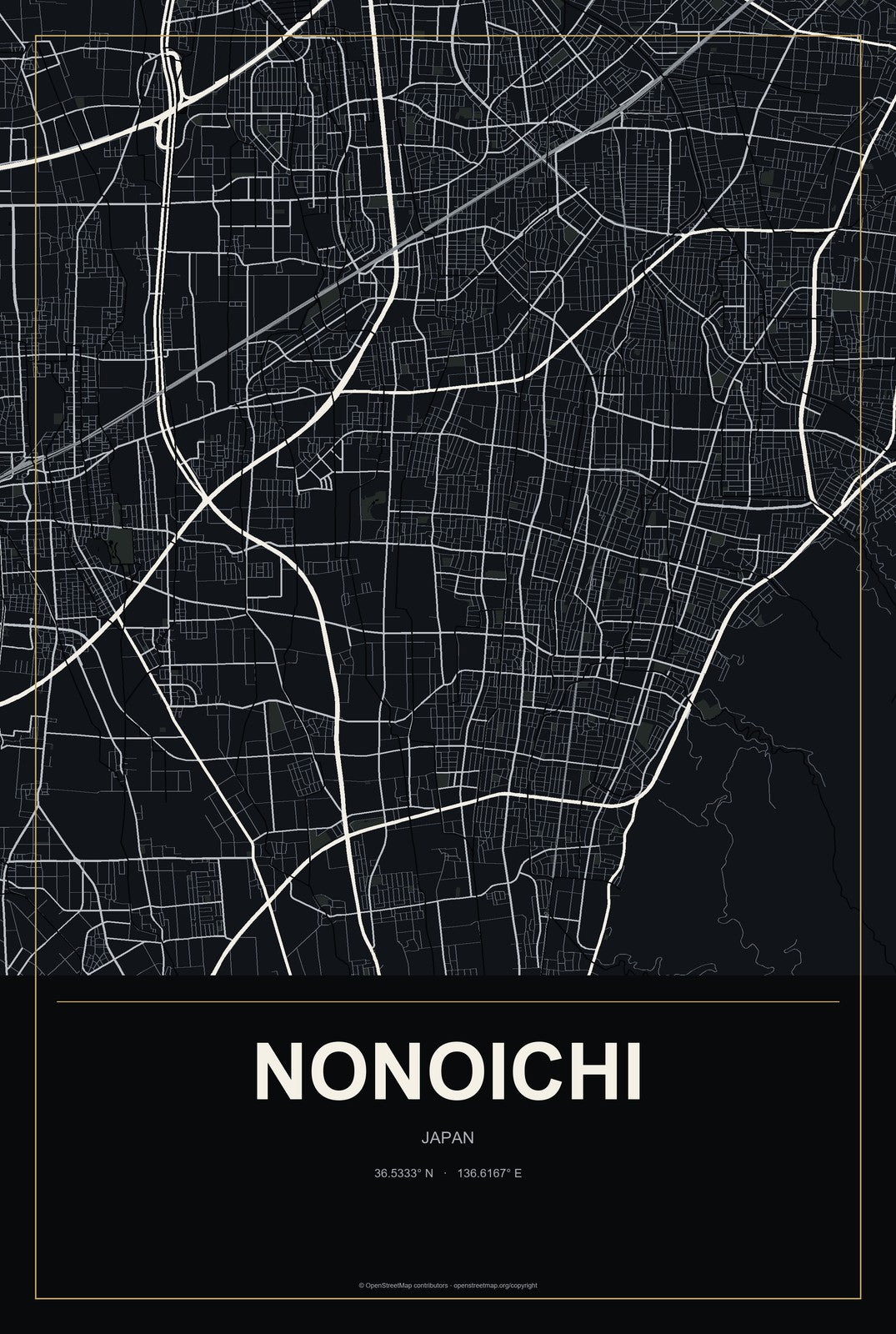 Nonoichi, Japan City Map Aluminum Sign in Metropolitan Noir style