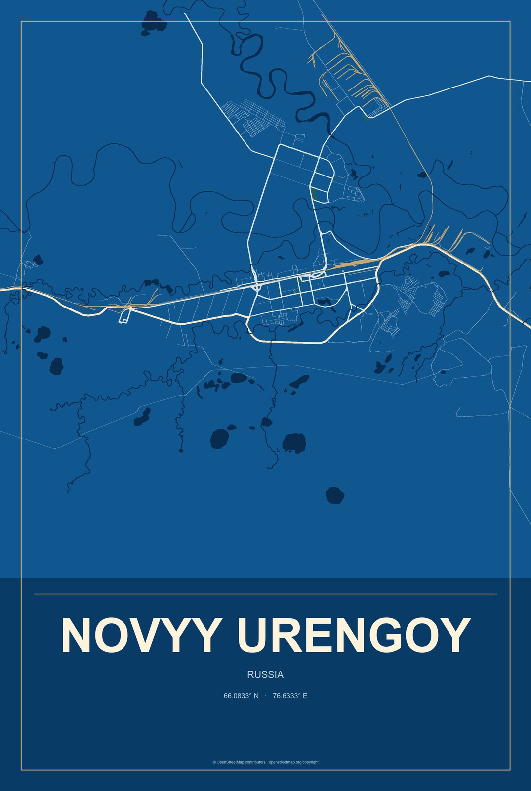 Novyy Urengoy, Russia City Map Aluminum Sign in Harbor Cobalt style
