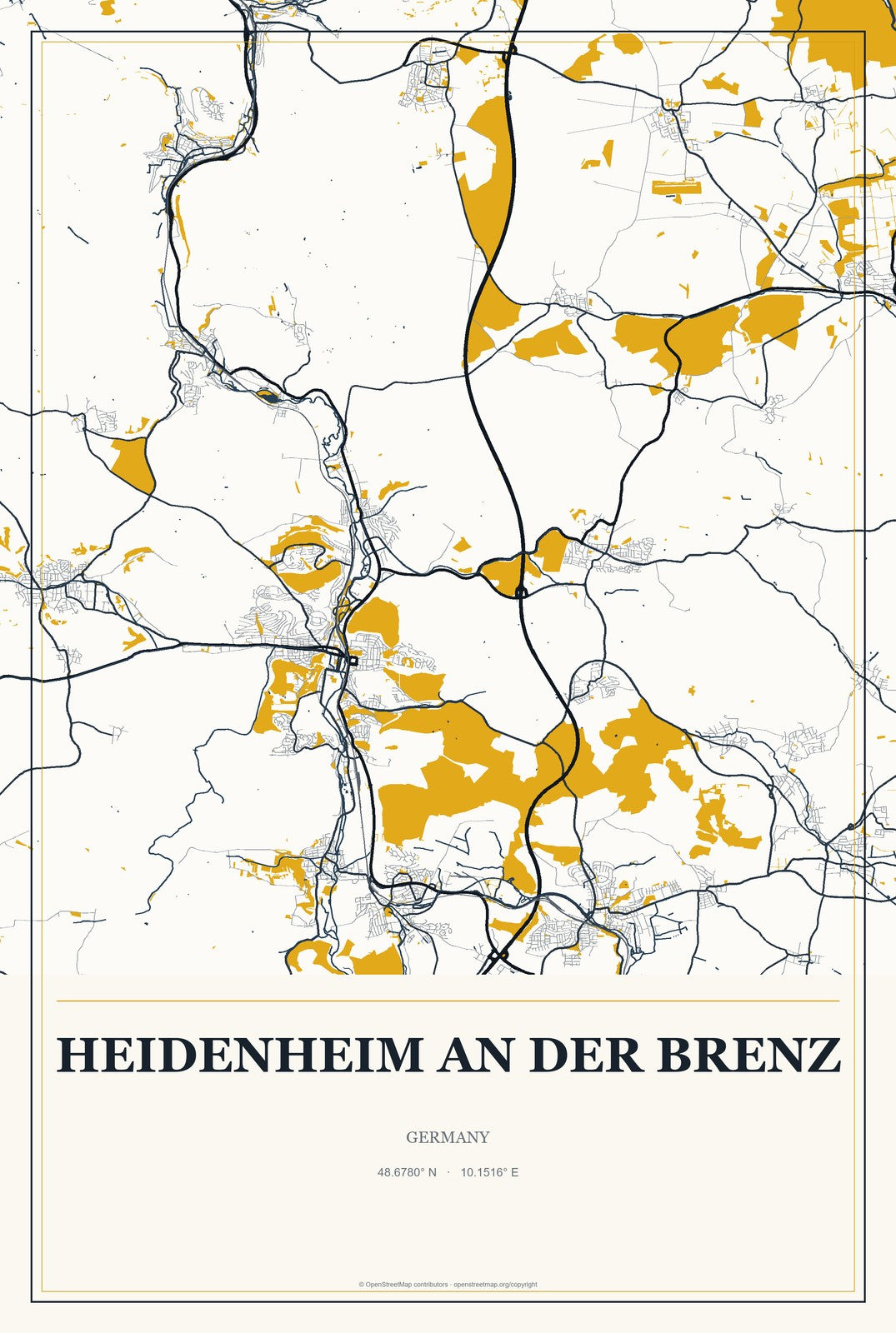Heidenheim an der Brenz, Germany City Map Aluminum Sign in Citrine Modern style
